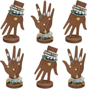 MOOCA 6 Pcs Set Real Wooden Hand Form Jewelry Display, 2-Way Design for Wall Hanging or Standalone Mannequin Finger Hand Display, Premium Real Wood Sturdy Base, Brown Color