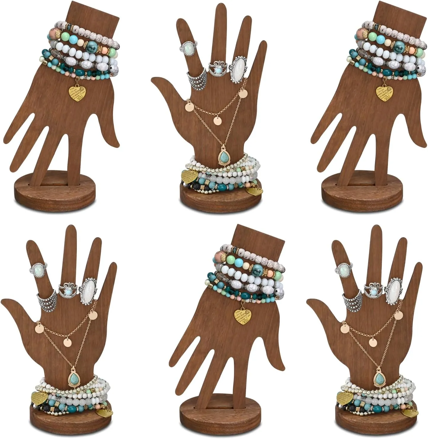MOOCA 6 Pcs Set Real Wooden Hand Form Jewelry Display, 2-Way Design for Wall Hanging or Standalone Mannequin Finger Hand Display, Premium Real Wood Sturdy Base, Brown Color