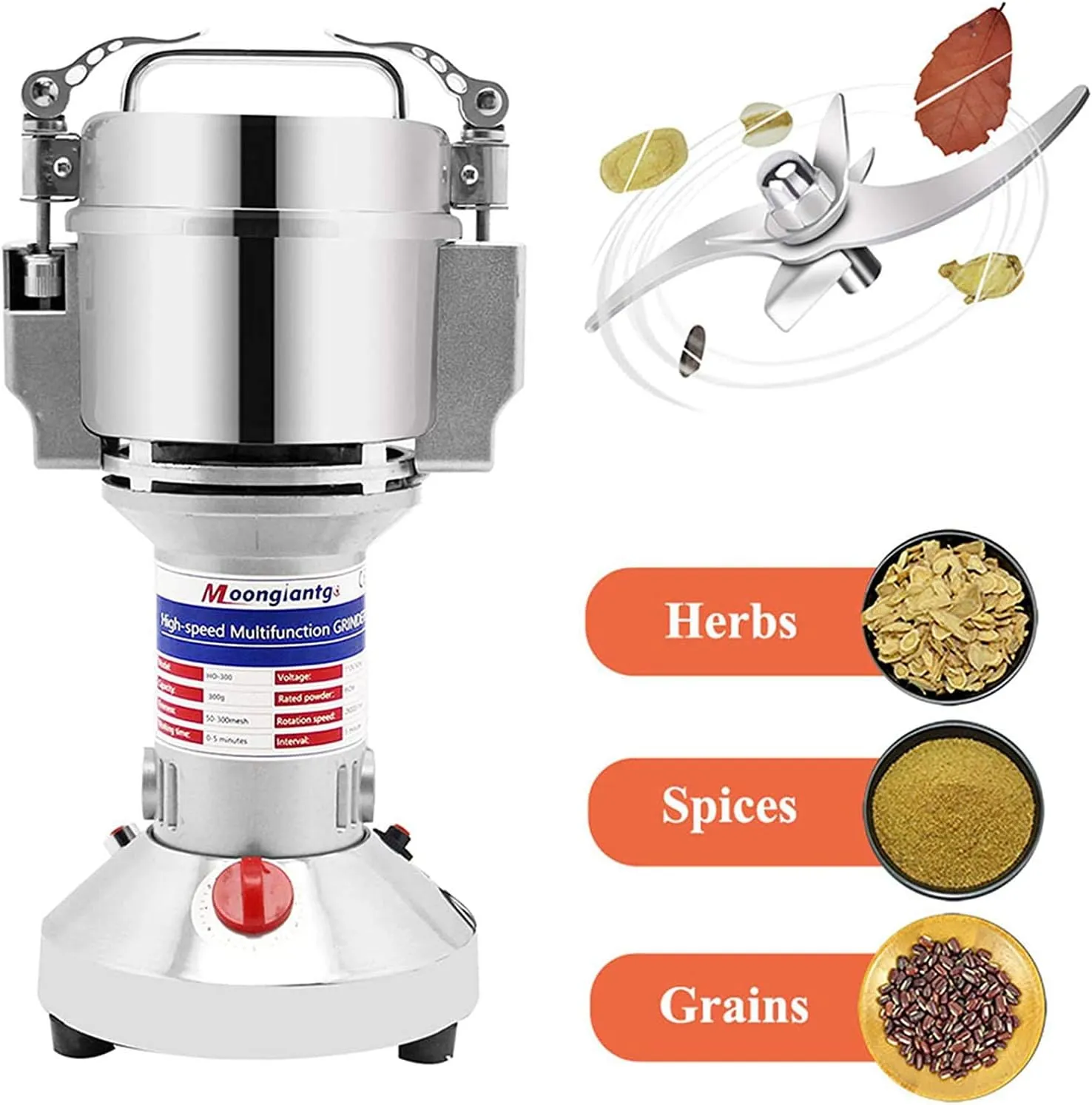 Moongiantgo Grain Mill Grinder Electric 700g Commercial Spice Grinder 2500W Stainless Steel Pulverizer Dry Grinding Machine for Wheat Corn Rice Pepper Herbs Coffee Beans (700g Upright, 110V)