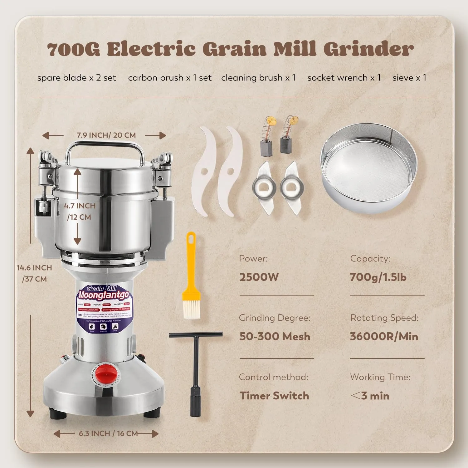 Moongiantgo Grain Mill Grinder Electric 700g Commercial Spice Grinder 2500W Stainless Steel Pulverizer Dry Grinding Machine for Wheat Corn Rice Pepper Herbs Coffee Beans (700g Upright, 110V)