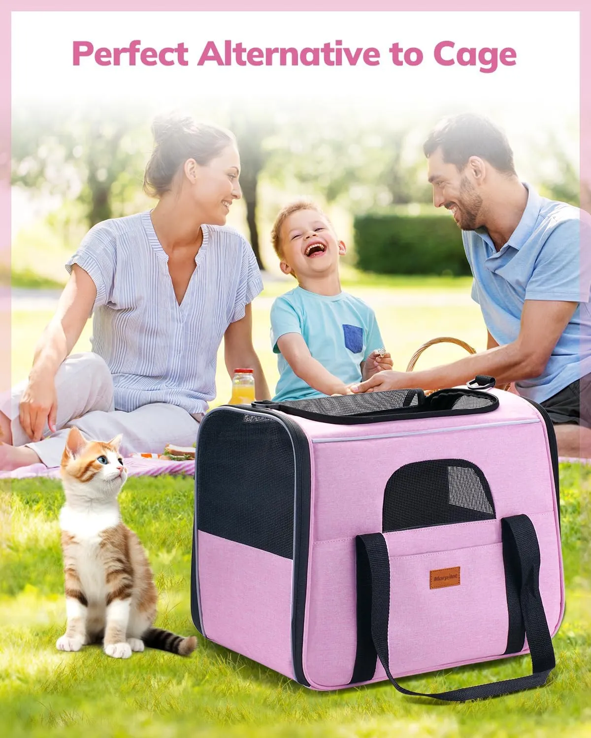 Morpilot Portable Cat Carrier - Soft Sided Cat Carrier for Medium Cats and Puppy up to 15lbs, Pet Carrier with Locking Safety Zippers, Foldable Bowl, Airline Approved Travel Dog Carrier - Pink