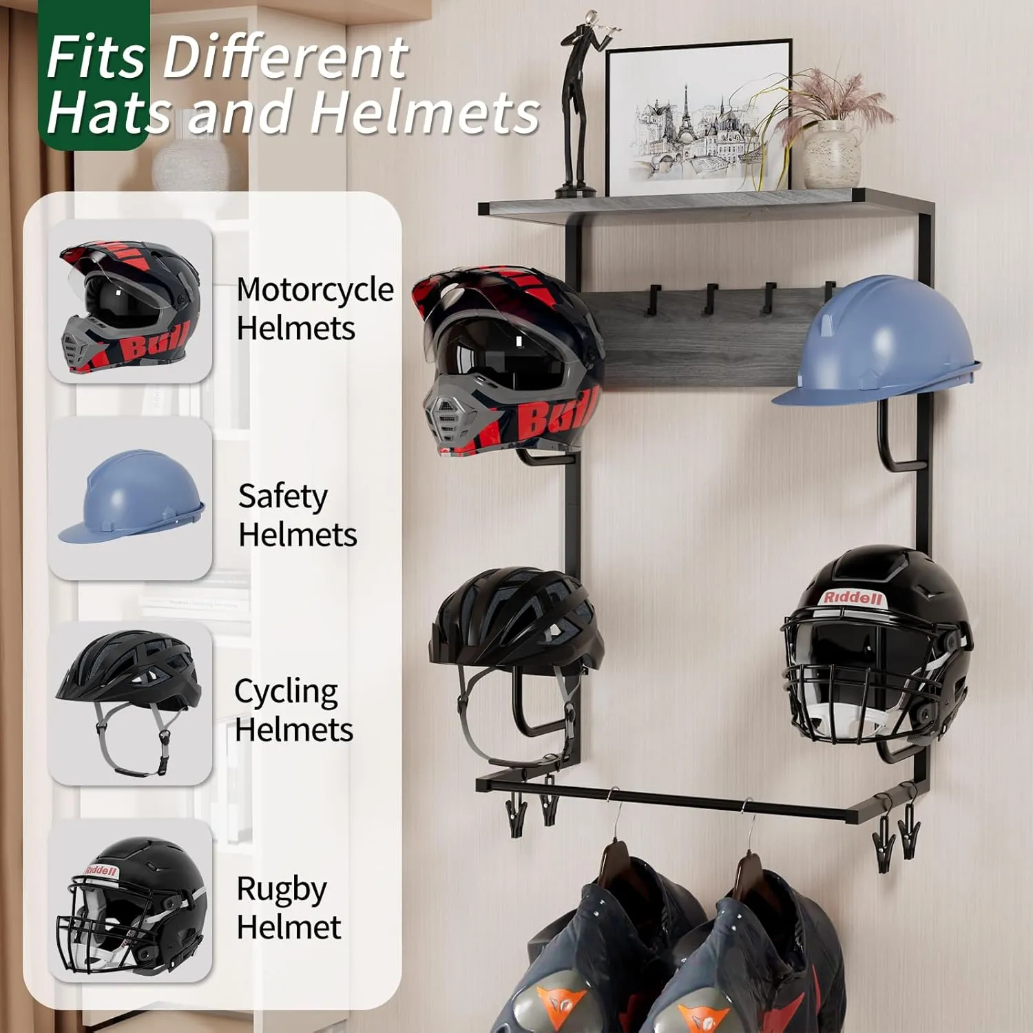 Motorcycle Helmet Holder Wall Mounted, Helmet Holder Wall Mount with Helmet Rack, 4 Glove Chips and 4 hooks, Rustic Helmet Holder and Motorcycle Helmet Rack for Most of Helmet and Clothes (Grey)