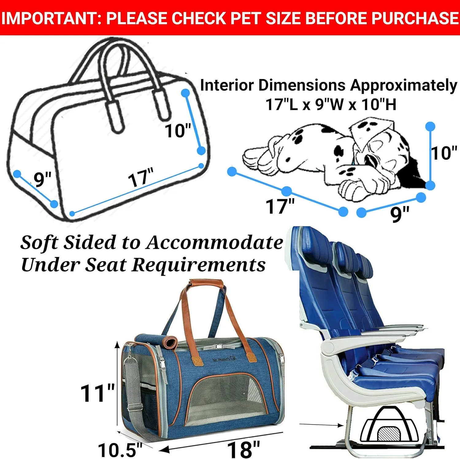 Mr. Peanut's Airline Approved Soft Sided Pet Carrier, Low Profile Gold Series Tote, Premium Brand Self Locking Zippers, Under Seat Compatibility, Plush Faux Fleece Bedding with a Sturdy Plywood Base