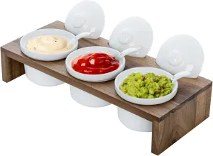 MyGift 10 Piece Condiment Pot Serving Set Includes Premium Acacia Solid Wood Raised Display Server Tray and 3 Ceramic Ramekin Dip Bowls with Lids and Spoons