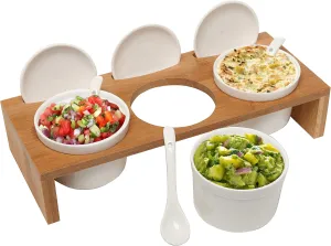 MyGift 10 Piece Condiment Pot Serving Set Includes Premium Solid Bamboo Wood Raised Display Server Tray and 3 Ceramic Ramekin Dip Bowls with Lids and Spoons