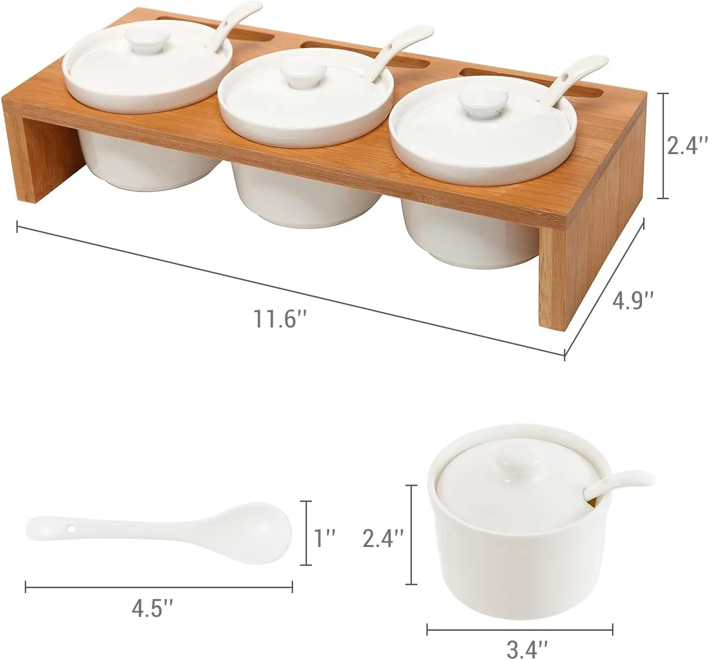 MyGift 10 Piece Condiment Pot Serving Set Includes Premium Solid Bamboo Wood Raised Display Server Tray and 3 Ceramic Ramekin Dip Bowls with Lids and Spoons