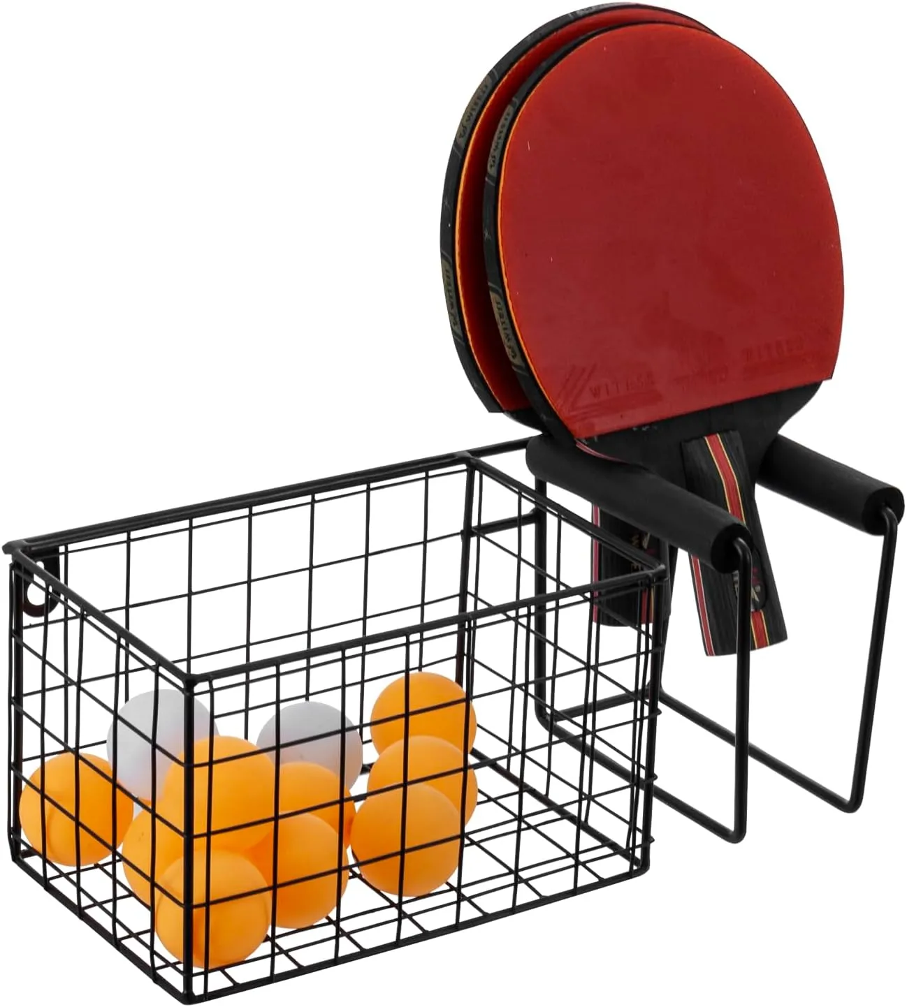 MyGift 12 Inch Wide Table Tennis Equipment Organizer Rack, Wall Mounted Metal Paddle Holder with Ping Pong Ball Storage 5 x 5 Inch Size Basket