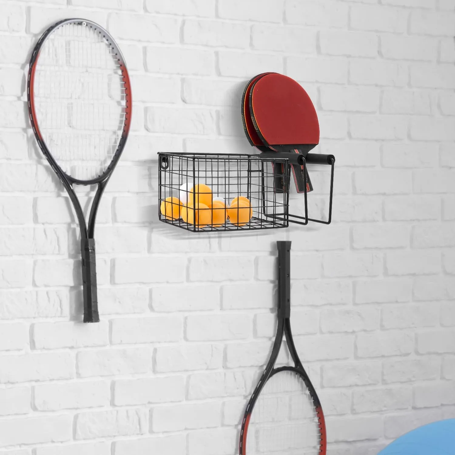 MyGift 12 Inch Wide Table Tennis Equipment Organizer Rack, Wall Mounted Metal Paddle Holder with Ping Pong Ball Storage 5 x 5 Inch Size Basket