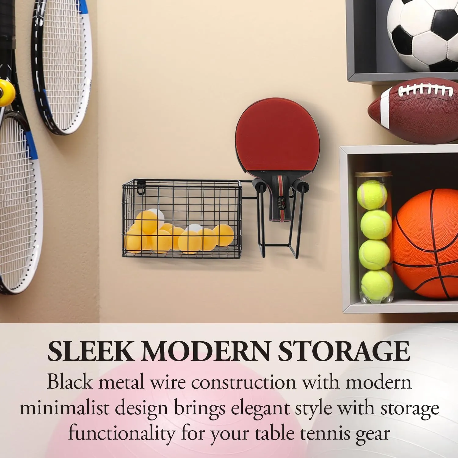 MyGift 12 Inch Wide Table Tennis Equipment Organizer Rack, Wall Mounted Metal Paddle Holder with Ping Pong Ball Storage 5 x 5 Inch Size Basket