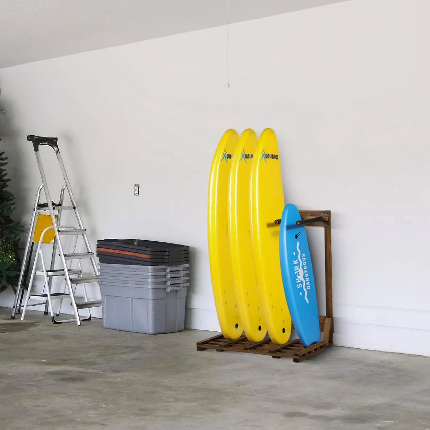 MyGift 4-Ft Tall Rustic Burnt Wood Freestanding Vertical Surfboard Rack, Wakeboard SUP Paddleboard Storage Rack - Holds up to 4 Boards