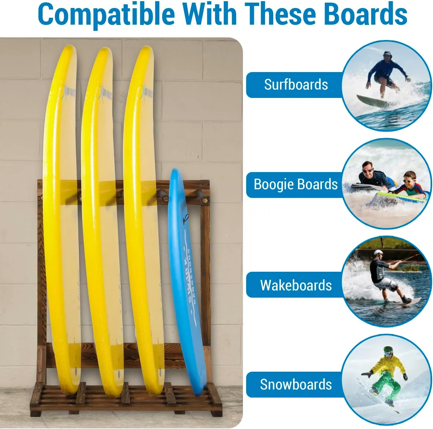 MyGift 4-Ft Tall Rustic Burnt Wood Freestanding Vertical Surfboard Rack, Wakeboard SUP Paddleboard Storage Rack - Holds up to 4 Boards
