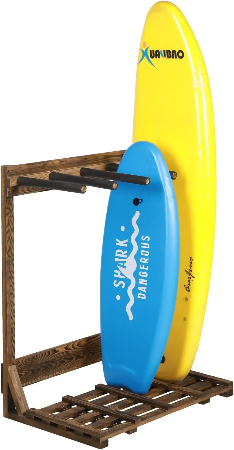 MyGift 4-Ft Tall Rustic Burnt Wood Freestanding Vertical Surfboard Rack, Wakeboard SUP Paddleboard Storage Rack - Holds up to 4 Boards