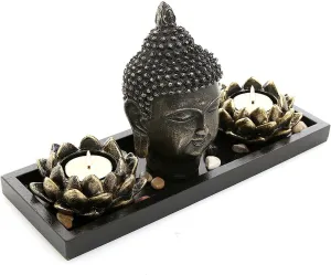 MyGift Black Buddha Head Sculpture Zen Garden Set w/Lotus Tealight Candle Holders & Wooden Display Tray