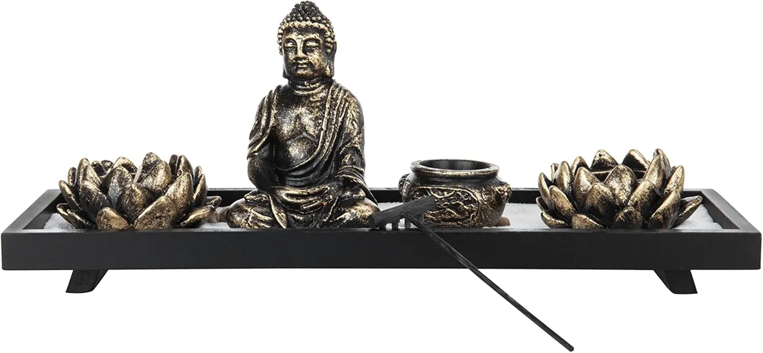 MyGift Desktop Zen Garden Kit with Buddha Statue, Incense Burner, Sand, Rake and Lotus Tea Light Candle Holder