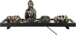 MyGift Desktop Zen Garden Kit with Buddha Statue, Incense Burner, Sand, Rake and Lotus Tea Light Candle Holder