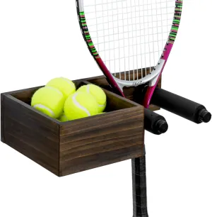 MyGift Wall Mounted Tennis Equipment Organizer Rack, Ping Pong Paddle Holder, Rustic Burnt Solid Wood Ball Storage Bin Basket and Industrial Black Metal Pipe Racket Hanging Holder