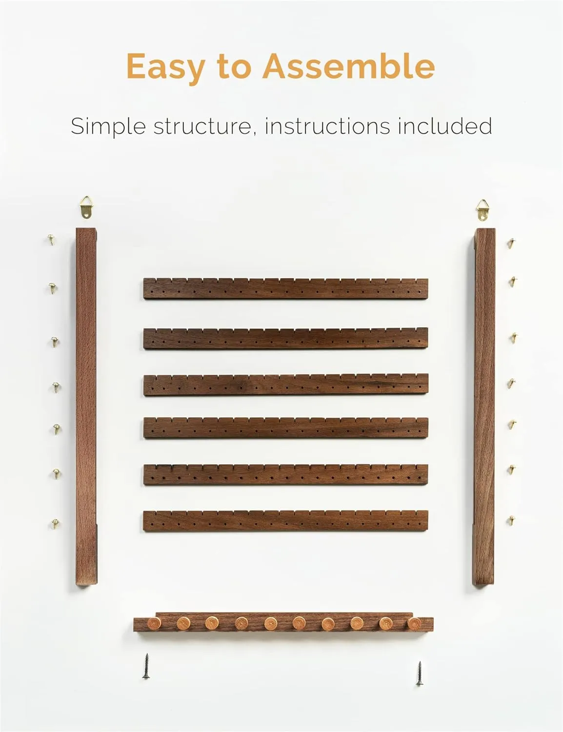 Mymazn Easy Assemble Solid Walnut Wood Earring Wall Holder Hanging Jewelry Organizer Necklace Holder Earring Hanger Wall Mount Jewelry Organizer for Necklaces Rings Scruncies Organization