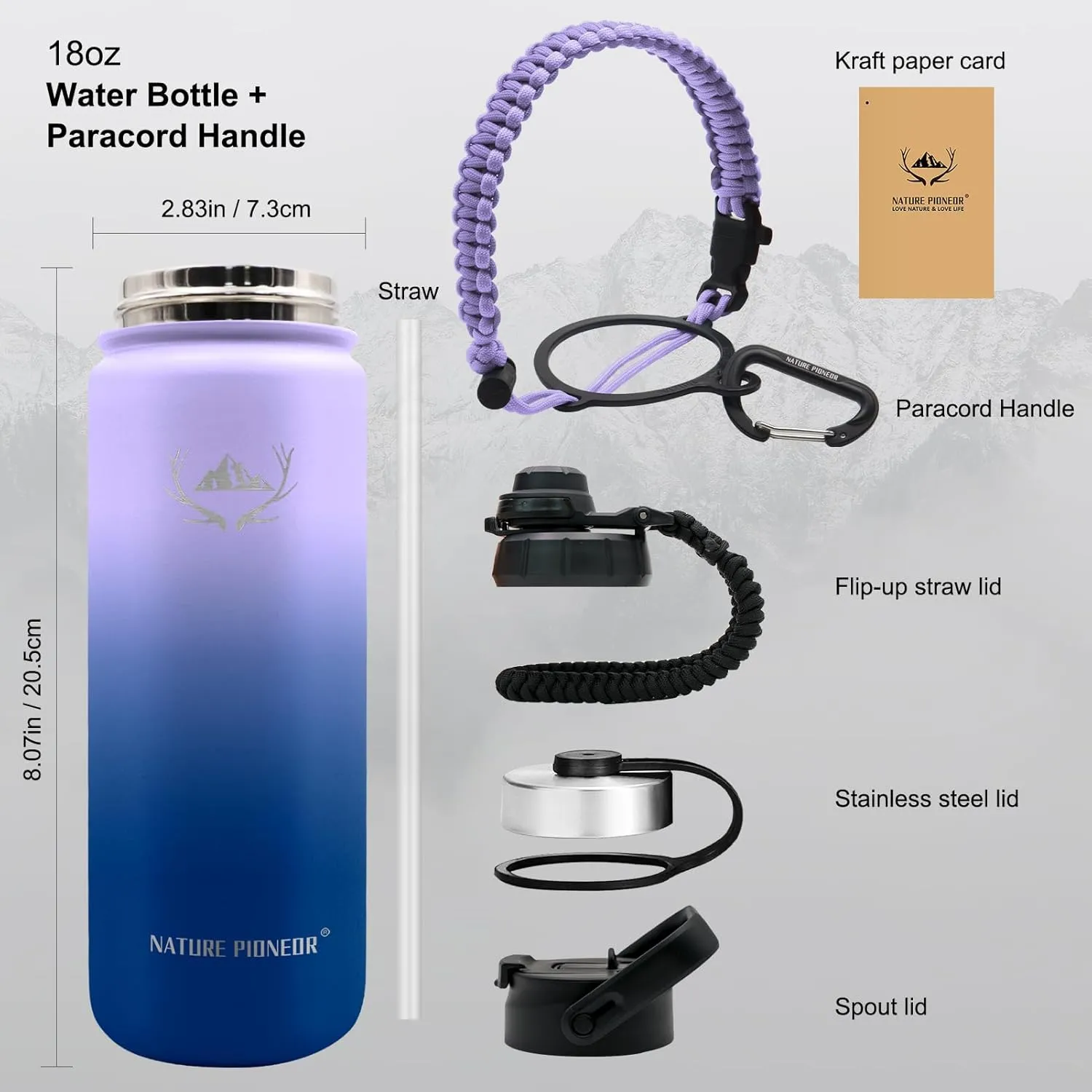 NATURE PIONEOR Insulated Water Bottles with Paracord Handle - 18 oz Vacuum Sports Wide Mouth Water Bottle with 3 Lids, Leak Proof Stainless Steel Keeps Hot and Cold