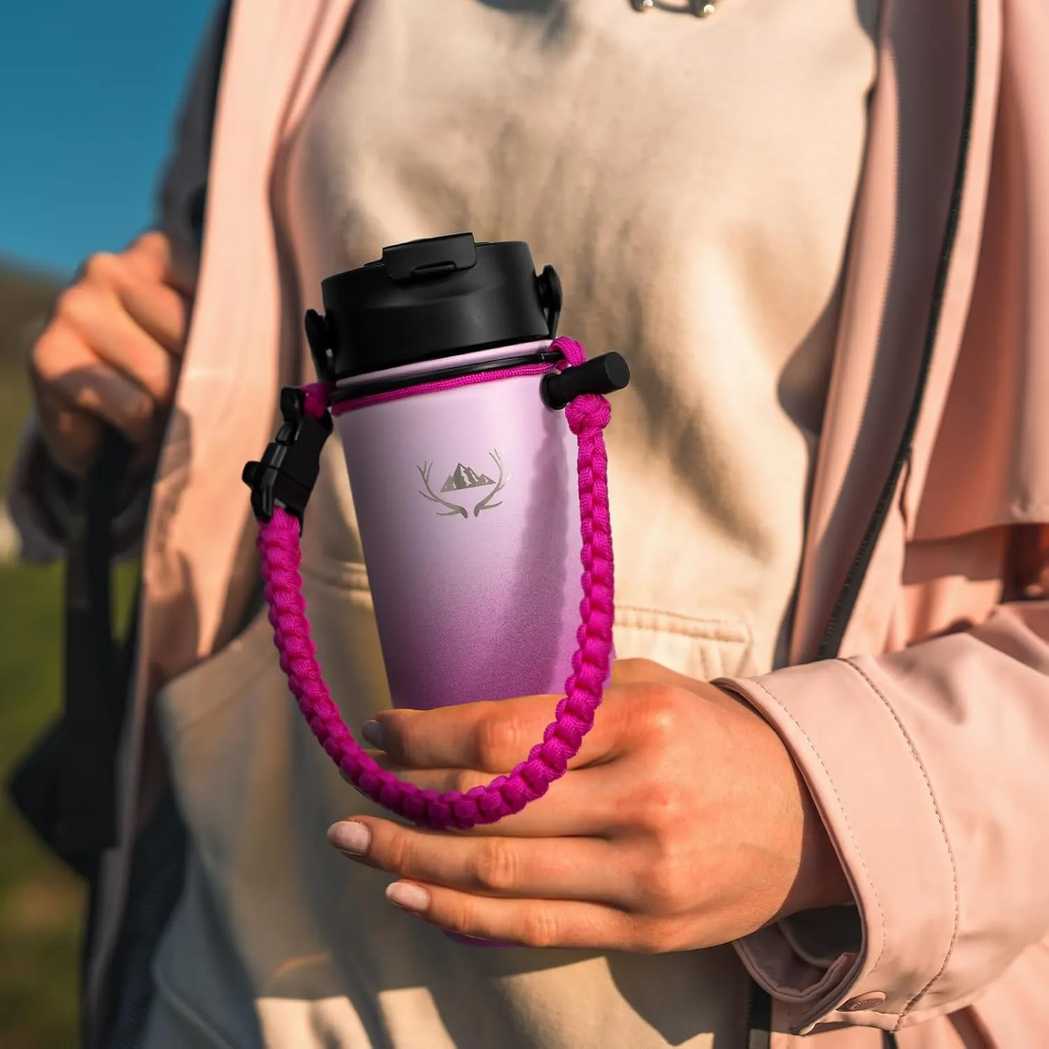 NATURE PIONEOR Insulated Water Bottles with Paracord Handle - 18 oz Vacuum Sports Wide Mouth Water Bottle with 3 Lids, Leak Proof Stainless Steel Keeps Hot and Cold