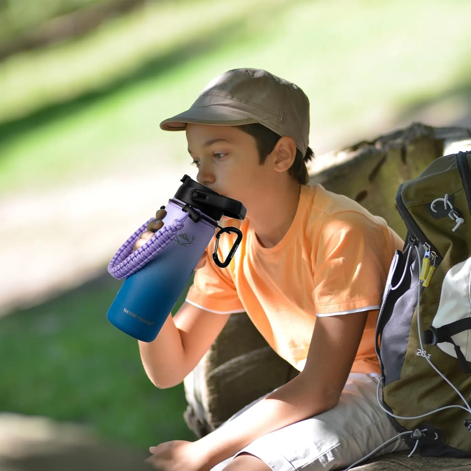 NATURE PIONEOR Insulated Water Bottles with Paracord Handle - 18 oz Vacuum Sports Wide Mouth Water Bottle with 3 Lids, Leak Proof Stainless Steel Keeps Hot and Cold