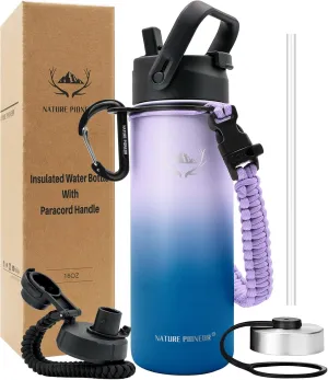 NATURE PIONEOR Insulated Water Bottles with Paracord Handle - 18 oz Vacuum Sports Wide Mouth Water Bottle with 3 Lids, Leak Proof Stainless Steel Keeps Hot and Cold