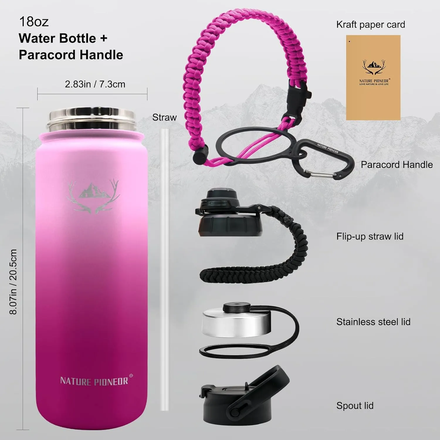 NATURE PIONEOR Insulated Water Bottles with Paracord Handle - 18 oz Vacuum Sports Wide Mouth Water Bottle with 3 Lids, Leak Proof Stainless Steel Keeps Hot and Cold