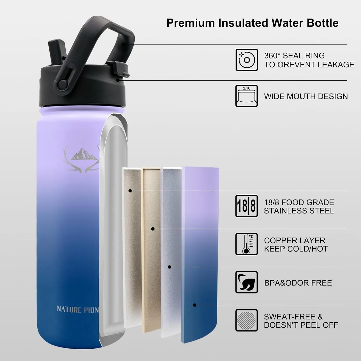 NATURE PIONEOR Insulated Water Bottles with Paracord Handle - 18 oz Vacuum Sports Wide Mouth Water Bottle with 3 Lids, Leak Proof Stainless Steel Keeps Hot and Cold