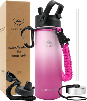 NATURE PIONEOR Insulated Water Bottles with Paracord Handle - 18 oz Vacuum Sports Wide Mouth Water Bottle with 3 Lids, Leak Proof Stainless Steel Keeps Hot and Cold