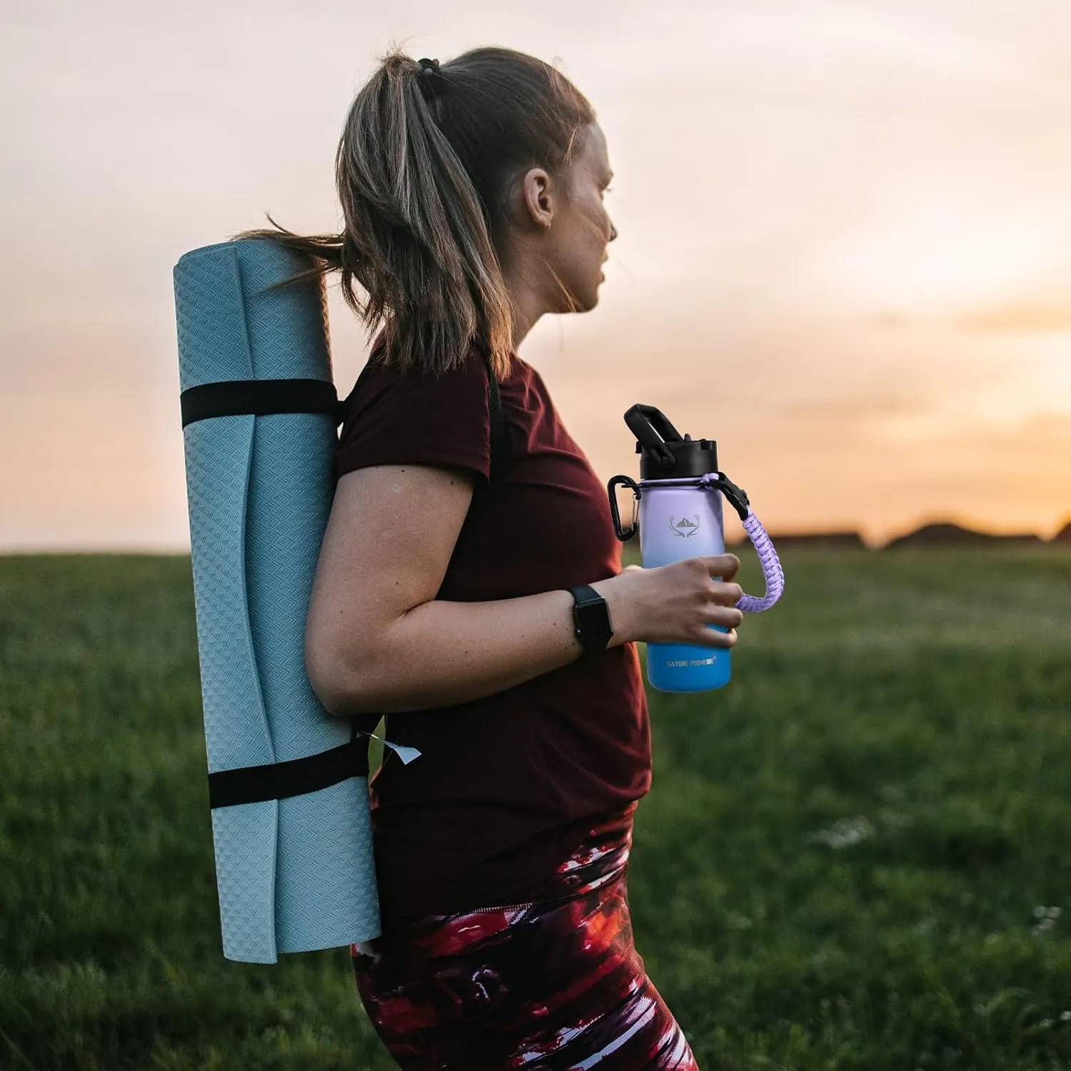 NATURE PIONEOR Insulated Water Bottles with Paracord Handle - 18 oz Vacuum Sports Wide Mouth Water Bottle with 3 Lids, Leak Proof Stainless Steel Keeps Hot and Cold