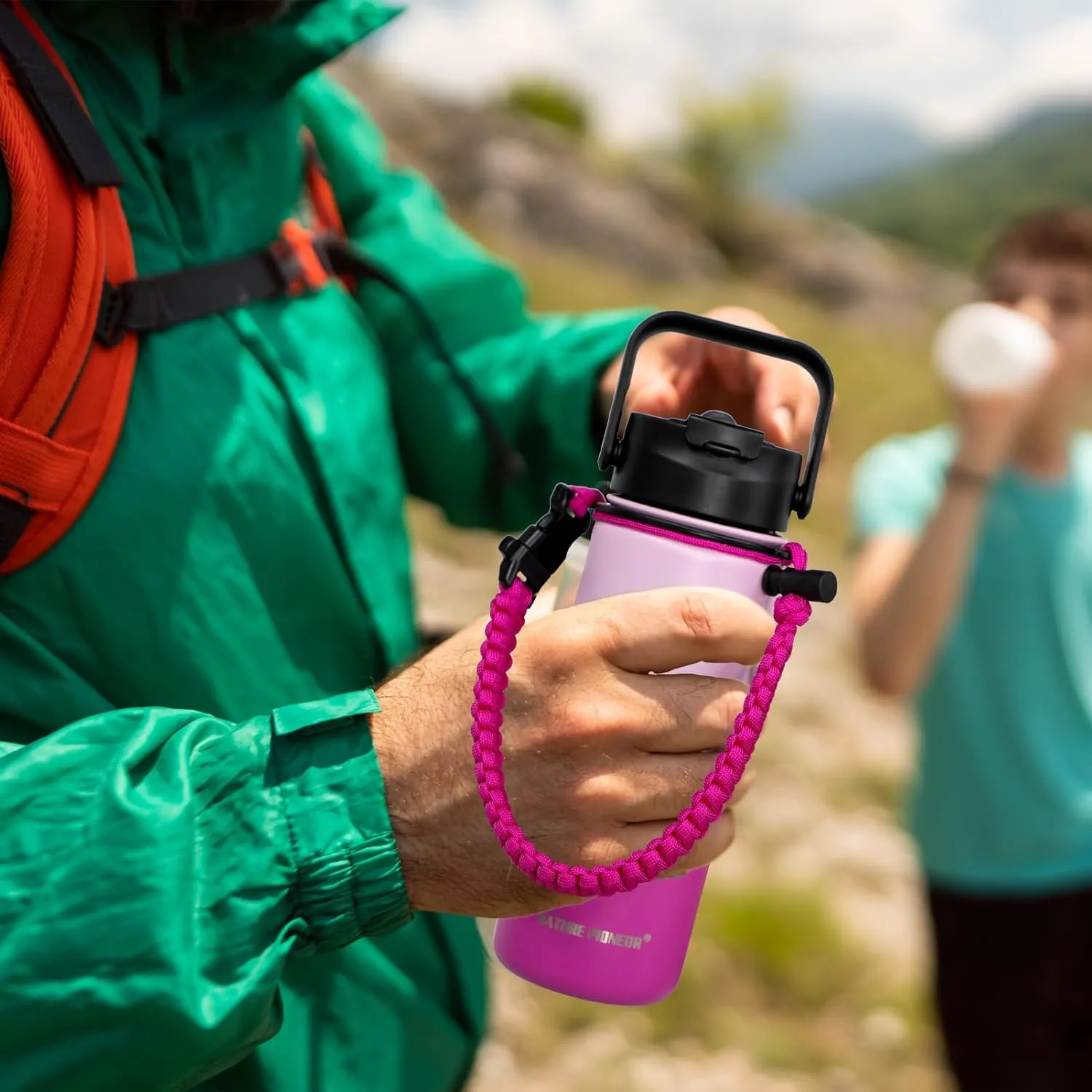 NATURE PIONEOR Insulated Water Bottles with Paracord Handle - 18 oz Vacuum Sports Wide Mouth Water Bottle with 3 Lids, Leak Proof Stainless Steel Keeps Hot and Cold