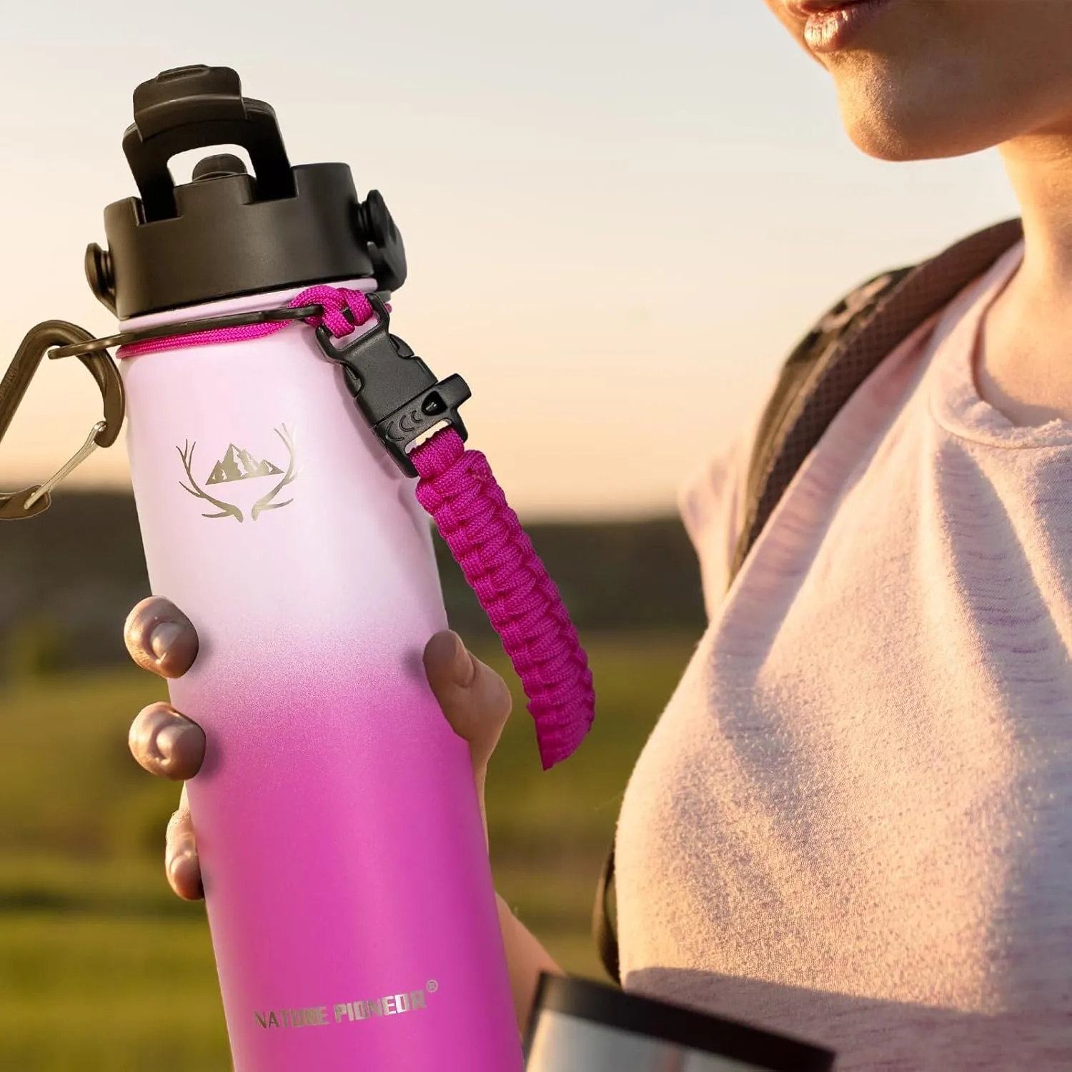 NATURE PIONEOR Insulated Water Bottles with Paracord Handle - 24 oz Vacuum Sports Wide Mouth Water Bottle with 3 Lids, Leak Proof Stainless Steel Keeps Hot and Cold