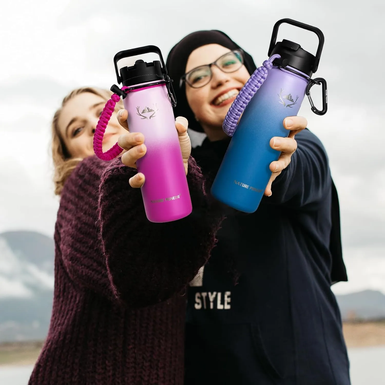 NATURE PIONEOR Insulated Water Bottles with Paracord Handle - 24 oz Vacuum Sports Wide Mouth Water Bottle with 3 Lids, Leak Proof Stainless Steel Keeps Hot and Cold