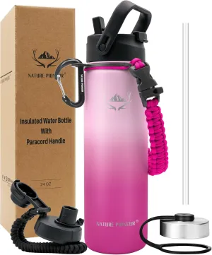 NATURE PIONEOR Insulated Water Bottles with Paracord Handle - 24 oz Vacuum Sports Wide Mouth Water Bottle with 3 Lids, Leak Proof Stainless Steel Keeps Hot and Cold