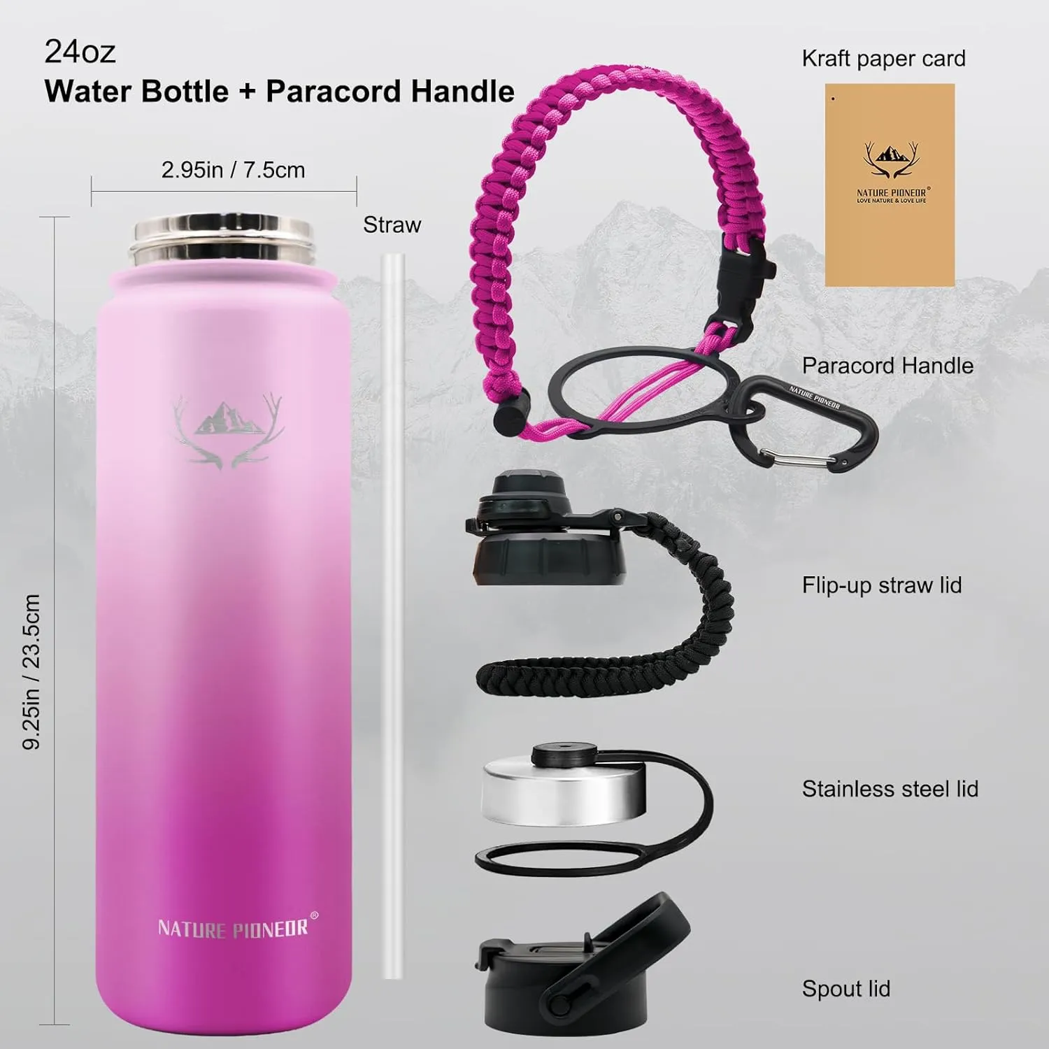 NATURE PIONEOR Insulated Water Bottles with Paracord Handle - 24 oz Vacuum Sports Wide Mouth Water Bottle with 3 Lids, Leak Proof Stainless Steel Keeps Hot and Cold
