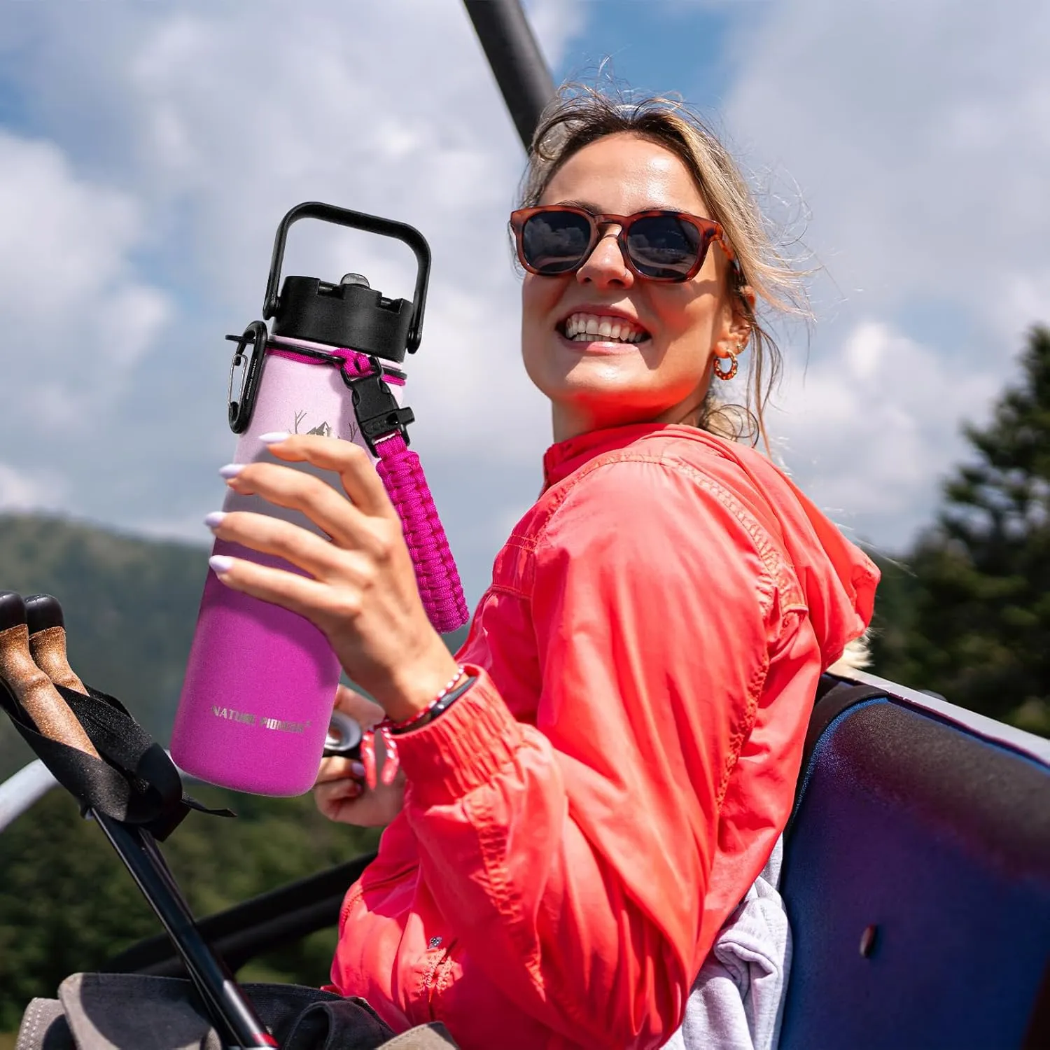 NATURE PIONEOR Insulated Water Bottles with Paracord Handle - 24 oz Vacuum Sports Wide Mouth Water Bottle with 3 Lids, Leak Proof Stainless Steel Keeps Hot and Cold