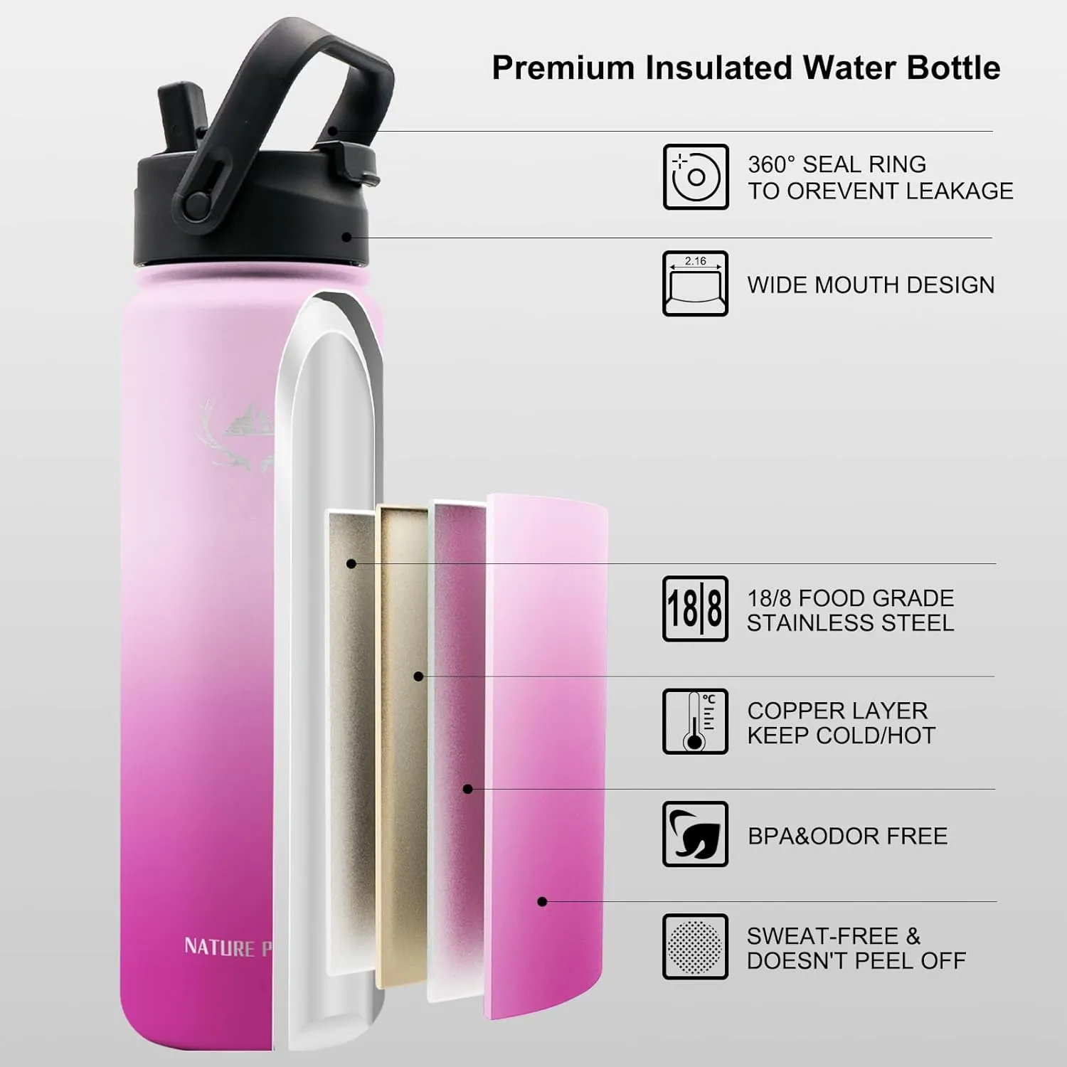 NATURE PIONEOR Insulated Water Bottles with Paracord Handle - 24 oz Vacuum Sports Wide Mouth Water Bottle with 3 Lids, Leak Proof Stainless Steel Keeps Hot and Cold