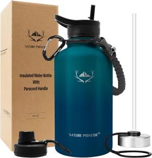 NATURE PIONEOR Insulated Water Bottles with Paracord Handle - 64 oz Vacuum Sports Wide Mouth Water Bottle with 3 Lids, Leak Proof Stainless Steel Keeps Hot and Cold