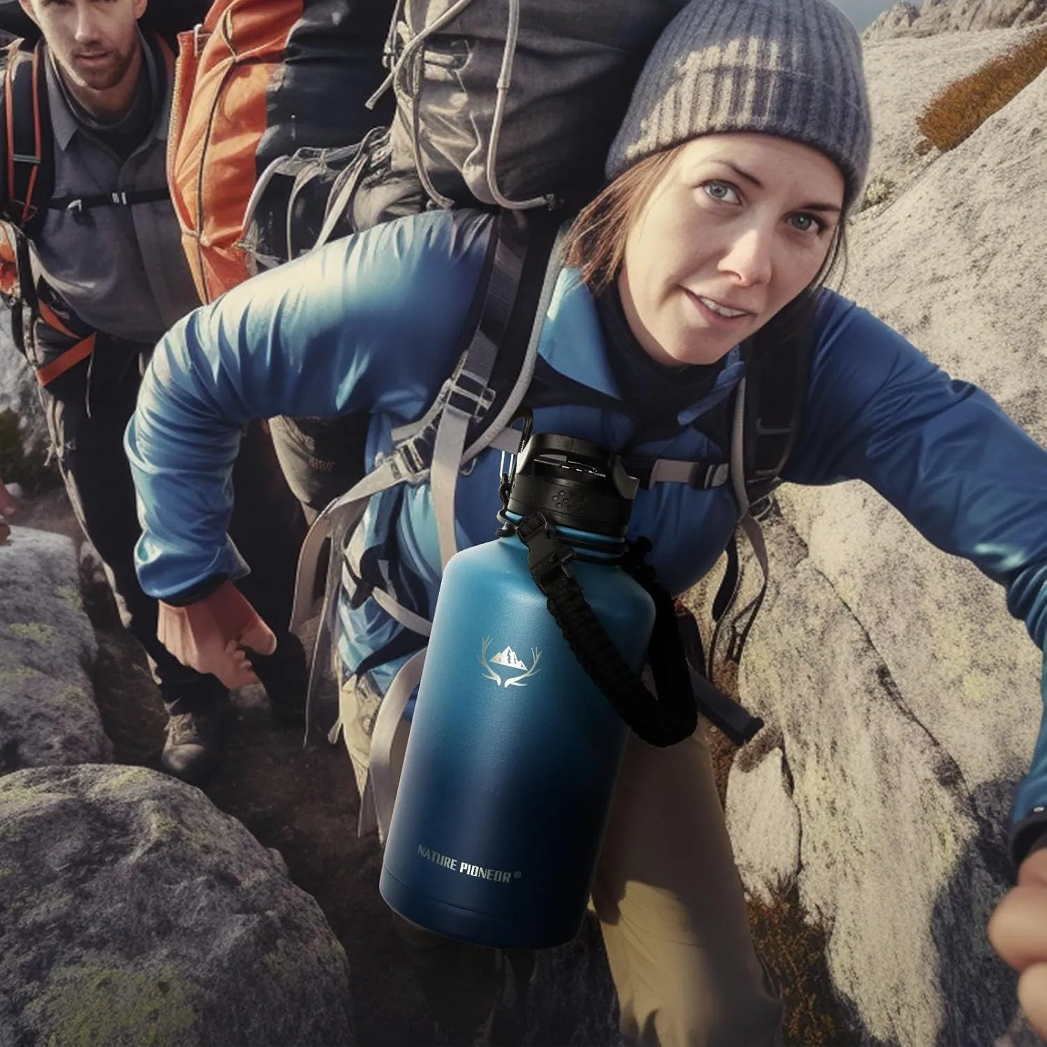NATURE PIONEOR Insulated Water Bottles with Paracord Handle - 64 oz Vacuum Sports Wide Mouth Water Bottle with 3 Lids, Leak Proof Stainless Steel Keeps Hot and Cold
