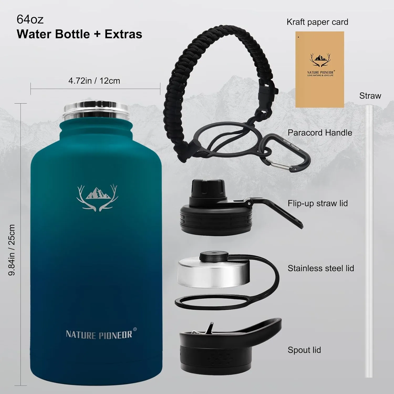 NATURE PIONEOR Insulated Water Bottles with Paracord Handle - 64 oz Vacuum Sports Wide Mouth Water Bottle with 3 Lids, Leak Proof Stainless Steel Keeps Hot and Cold