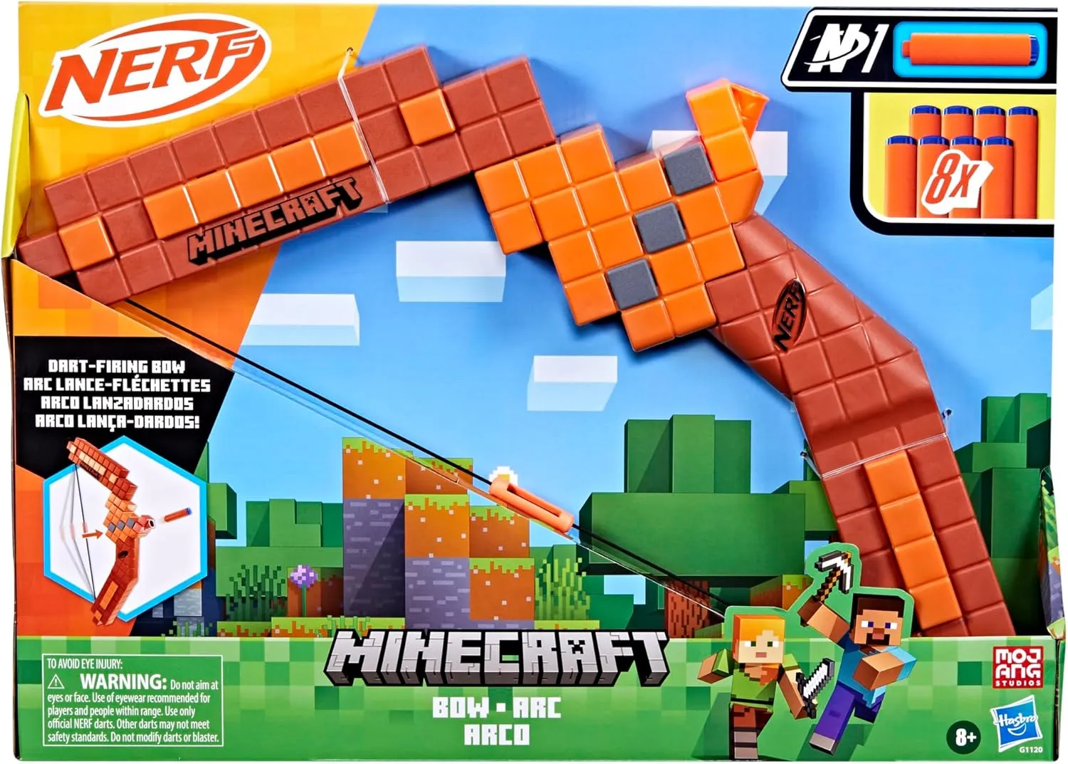 Nerf Minecraft Bow Dart Blaster, Pull-Back String Priming, 8 Nerf N1 Compatible Only with N1 Dart Blasters, Ages 8 