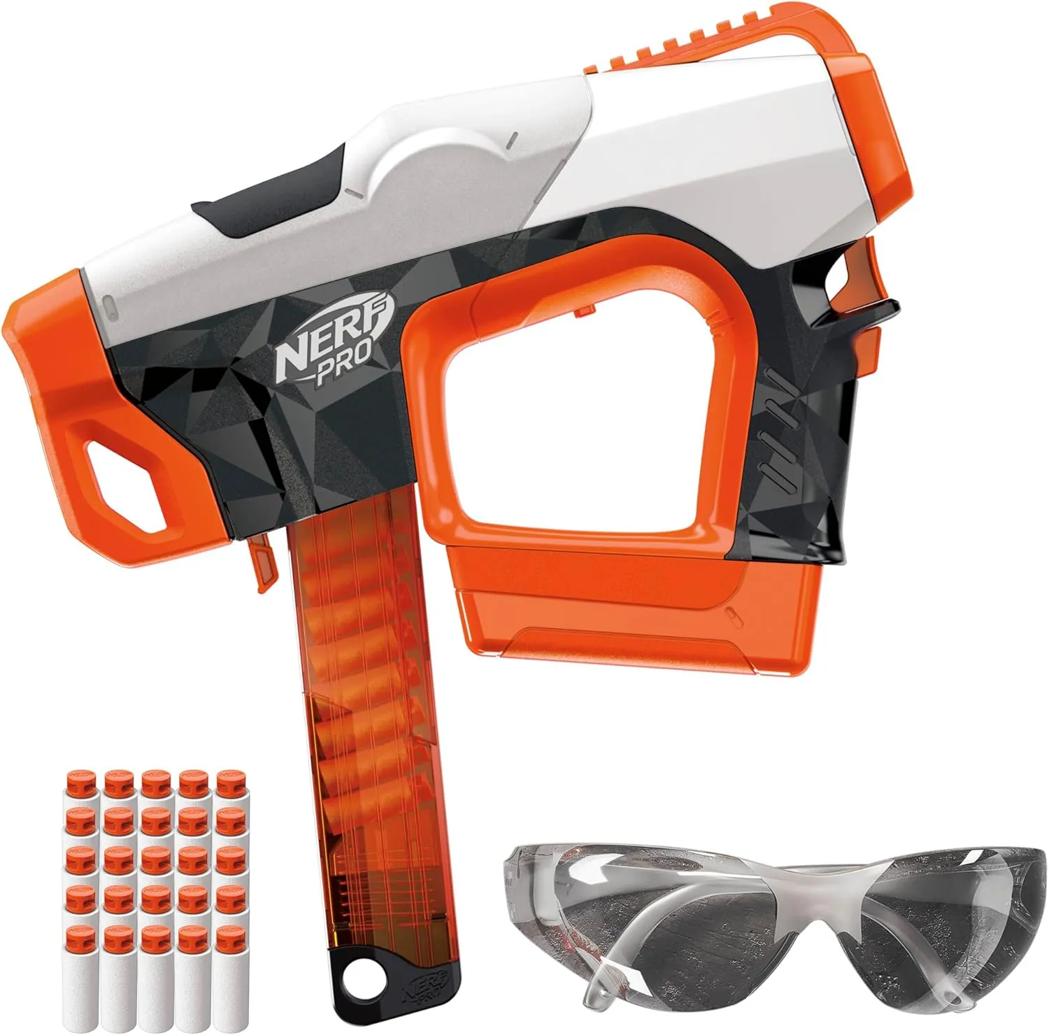 Nerf Pro Sender Half-Length Semi Automatic Dart Blaster, 150 FPS, 30 Nerf Pro Half-Length Darts, 15-Dart Magazine, Eyewear, Gifts for Teens, 14 