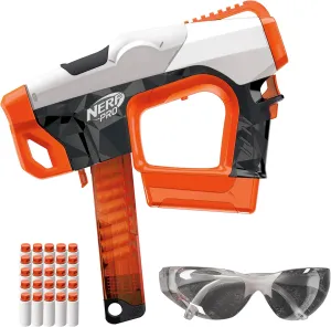 Nerf Pro Sender Half-Length Semi Automatic Dart Blaster, 150 FPS, 30 Nerf Pro Half-Length Darts, 15-Dart Magazine, Eyewear, Gifts for Teens, 14 