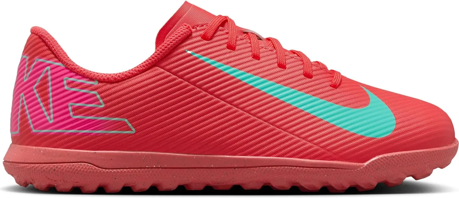 Nike Jr. Mercurial Vapor 16 Club Little/Big Kids' TF Low-Top Soccer Shoes (FQ8287-800, Ember Glow/Aurora Green)
