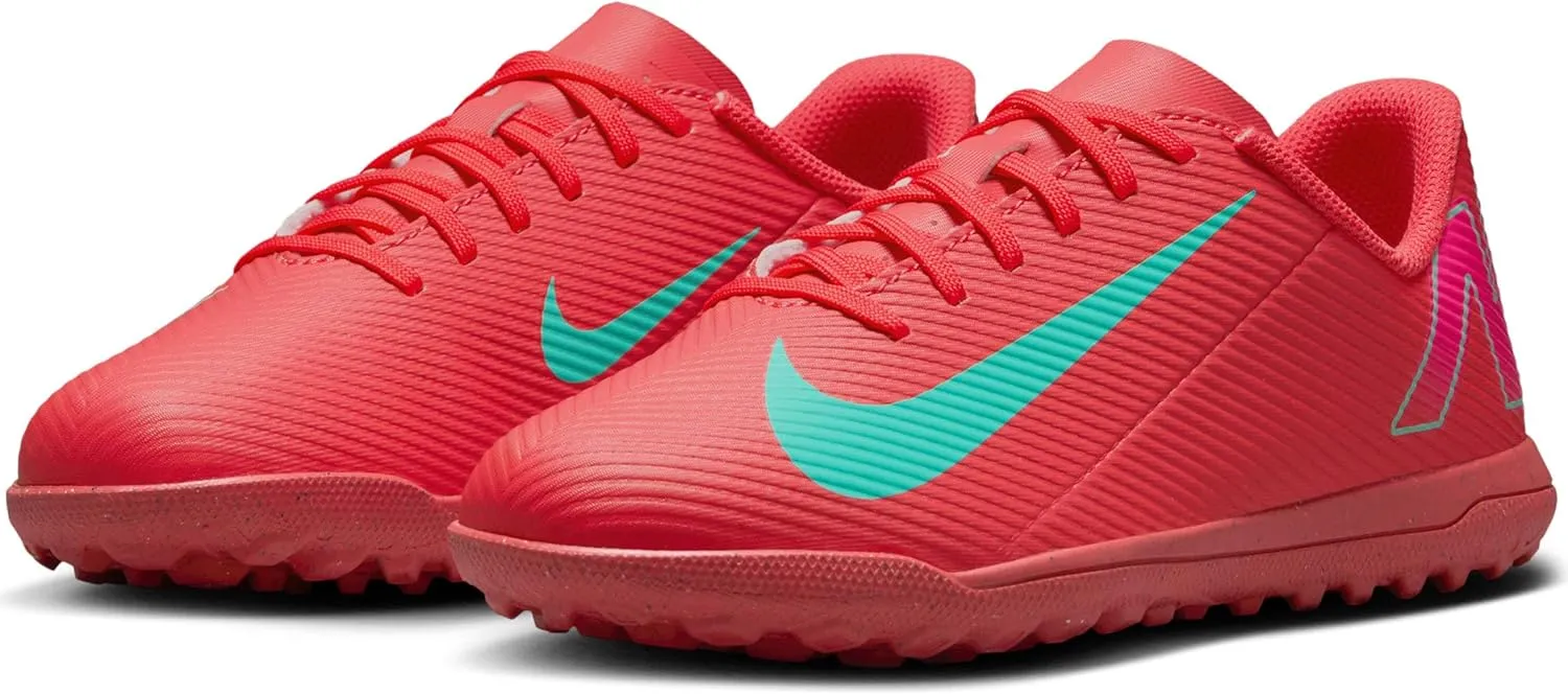 Nike Jr. Mercurial Vapor 16 Club Little/Big Kids' TF Low-Top Soccer Shoes (FQ8287-800, Ember Glow/Aurora Green)