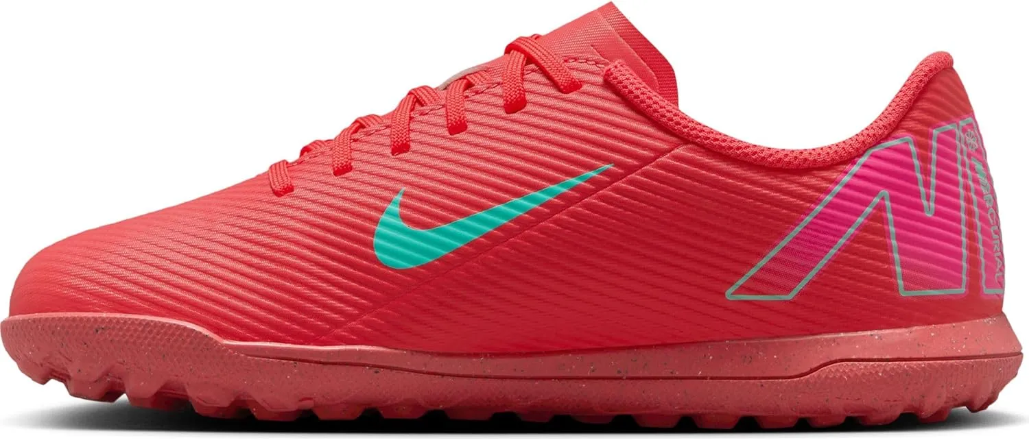 Nike Jr. Mercurial Vapor 16 Club Little/Big Kids' TF Low-Top Soccer Shoes (FQ8287-800, Ember Glow/Aurora Green)