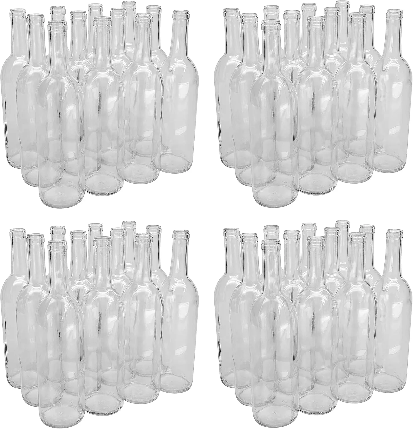 North Mountain Supply 750ml Glass Bordeaux Wine Bottle Flat-Bottomed Cork Finish - 48 Bottles (4 Cases of 12) - Clear/Flint