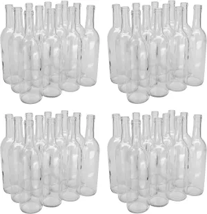 North Mountain Supply 750ml Glass Bordeaux Wine Bottle Flat-Bottomed Cork Finish - 48 Bottles (4 Cases of 12) - Clear/Flint