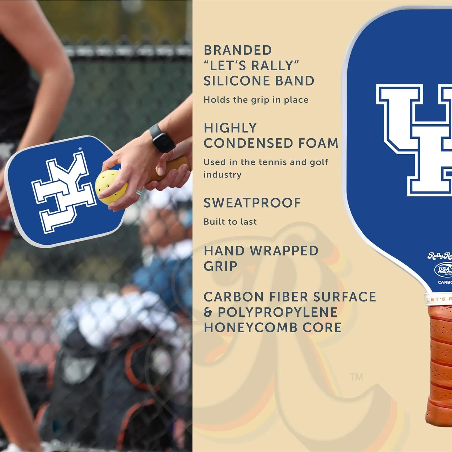 Officially Licensed Collegiate Pickleball Paddle - USA Pickleball Association Approved Racket - Lightweight Honeycomb Core, Carbon Fiber Exterior, Premium Leather Grip for Comfort