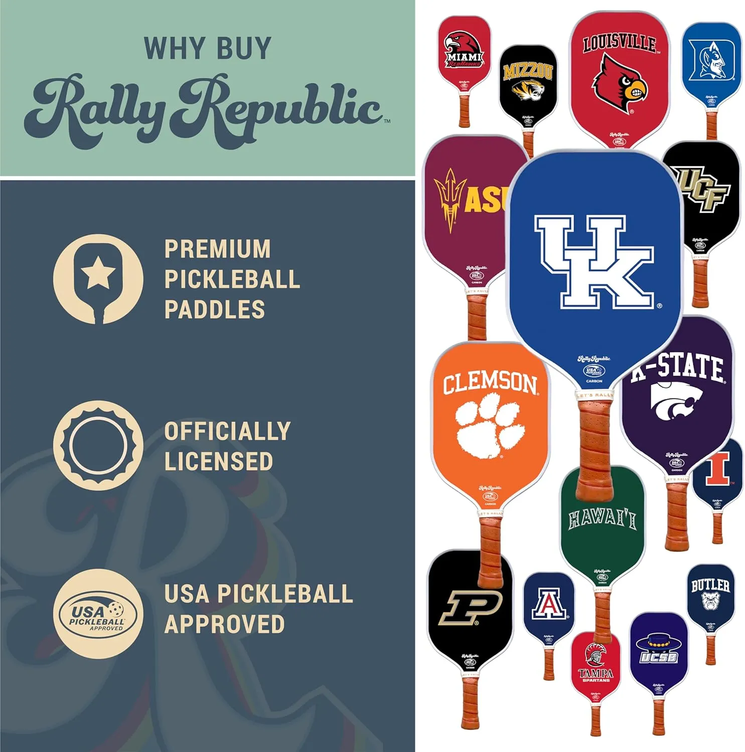 Officially Licensed Collegiate Pickleball Paddle - USA Pickleball Association Approved Racket - Lightweight Honeycomb Core, Carbon Fiber Exterior, Premium Leather Grip for Comfort