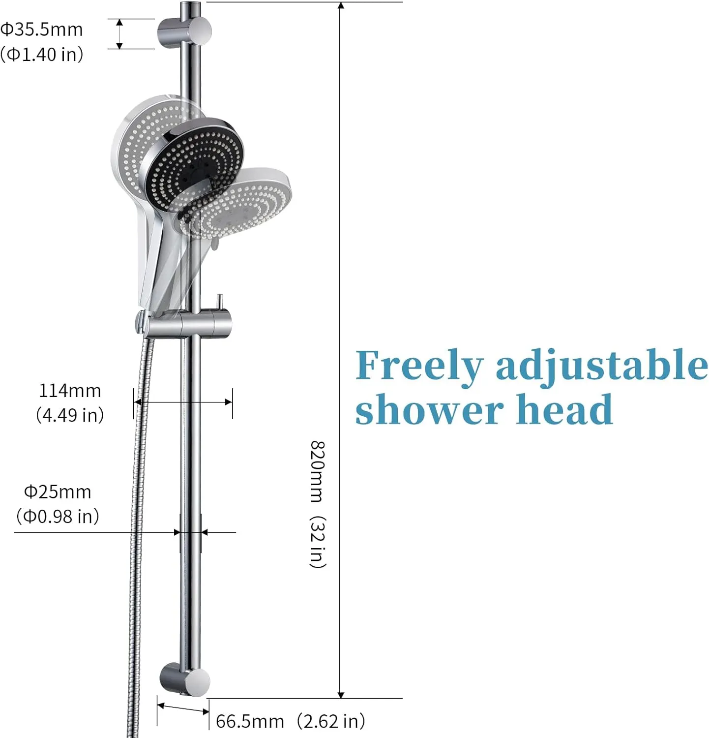 OFFO Shower Slide Bar Combo, Adjustable 33-inch Slide Bar with 6-Mode High Pressure Handheld Shower Head and 60-inch Stainless Steel Hose, Screw Wall Mounted, Chrome